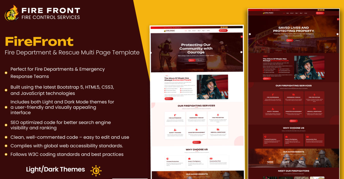 FireFront – Fire Department and Rescue Multipage Website Template with Light and Dark Mode