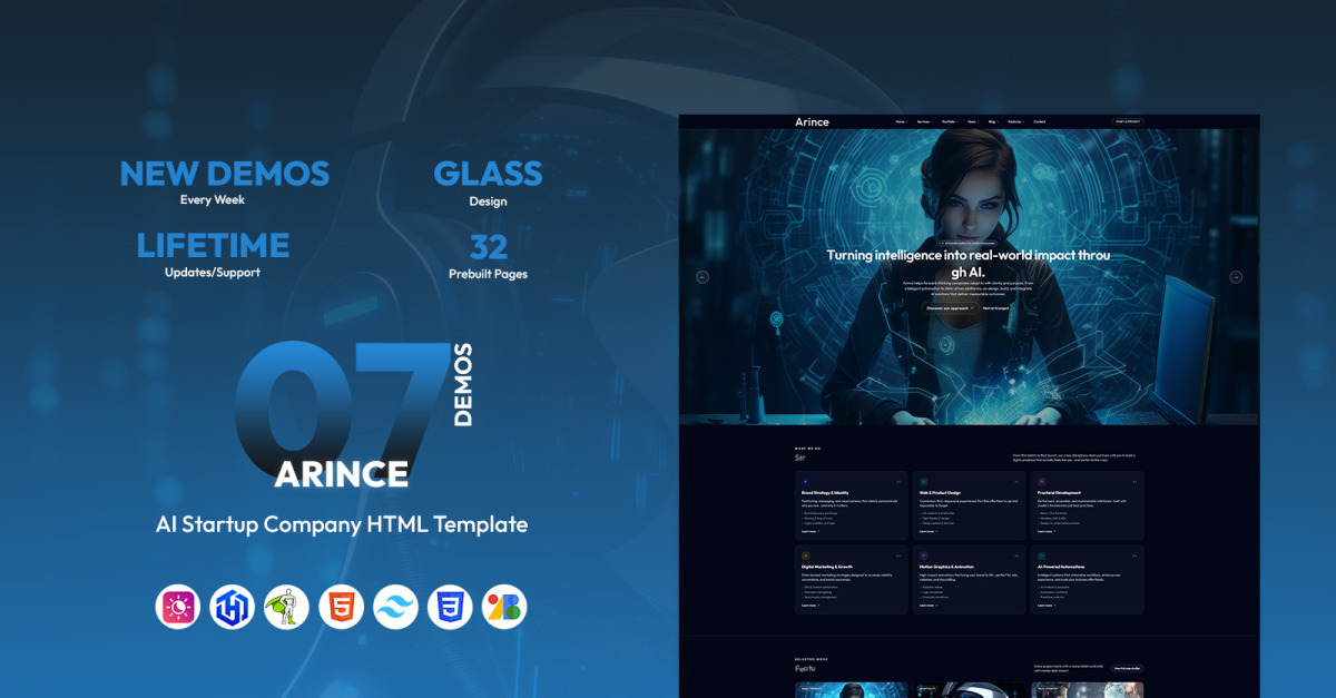 Arince Arince - Plantilla HTML para startup de IA - Tailwind CSS - Glass Design