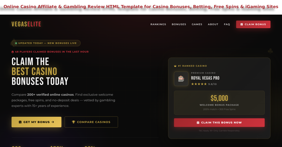 Online Casino Affiliate & Gambling Review HTML Template for Casino Bonuses & iGaming Sites