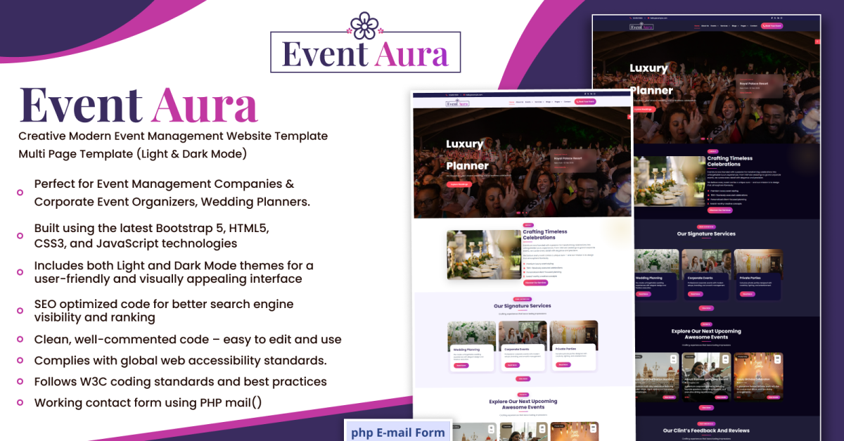 EventAura – Creative Event Management and Planner Multi-Page Website Template