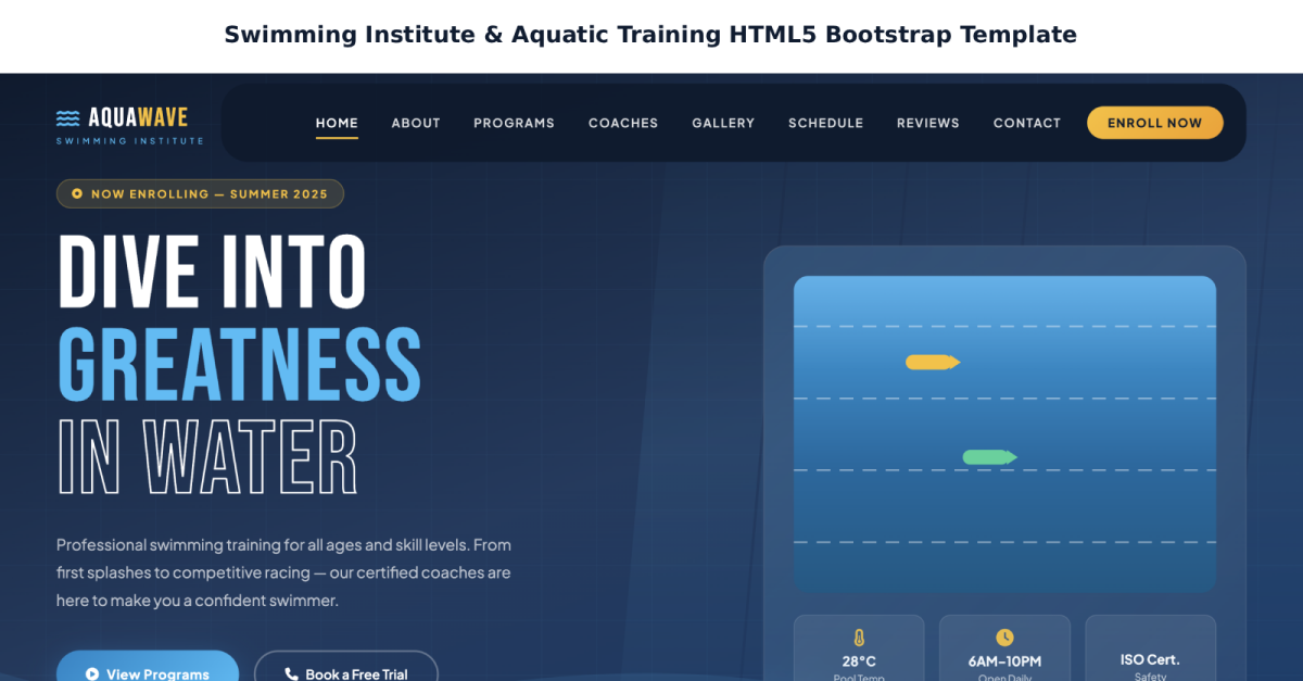 Swimming Institute & Aquatic Training HTML5 Bootstrap Template