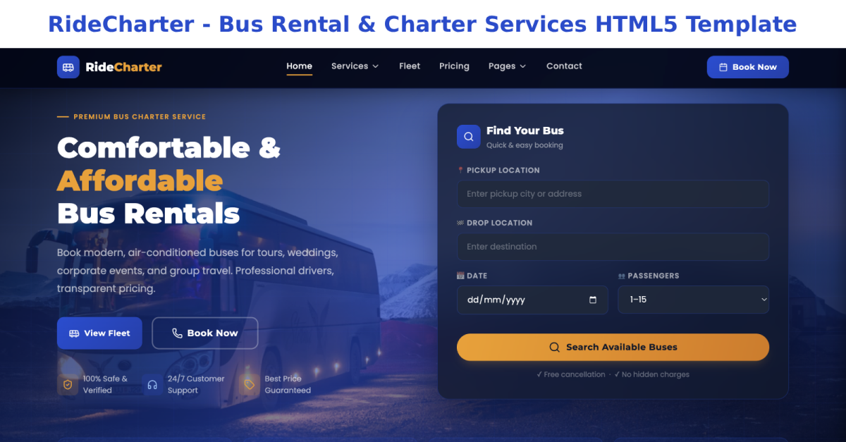 Red Bus Form Html Code RideCharter - Bus Rental & Charter Services HTML5 Template