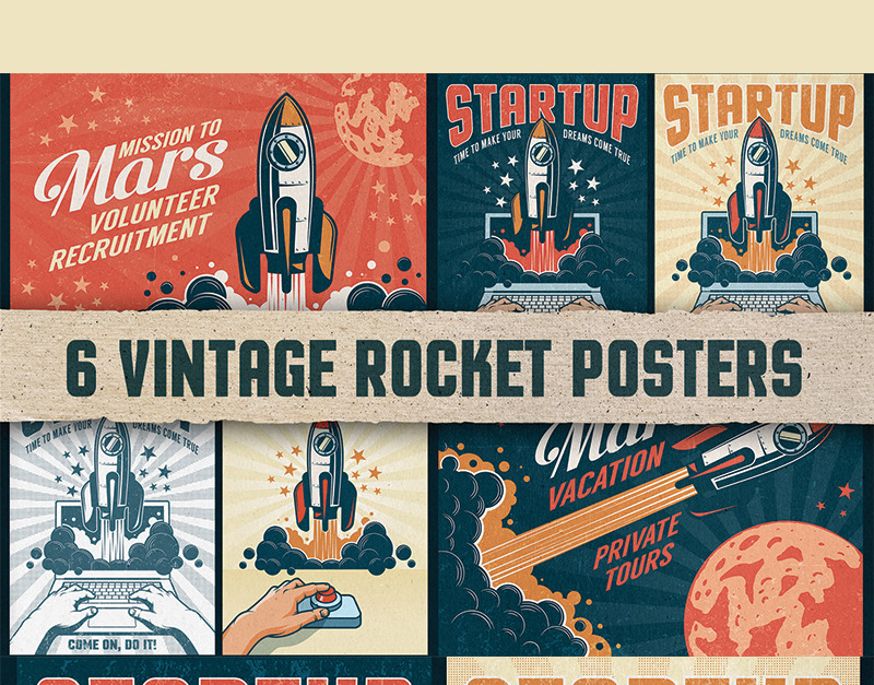 6 Vintage Rocket Posters - Illustration - TemplateMonster