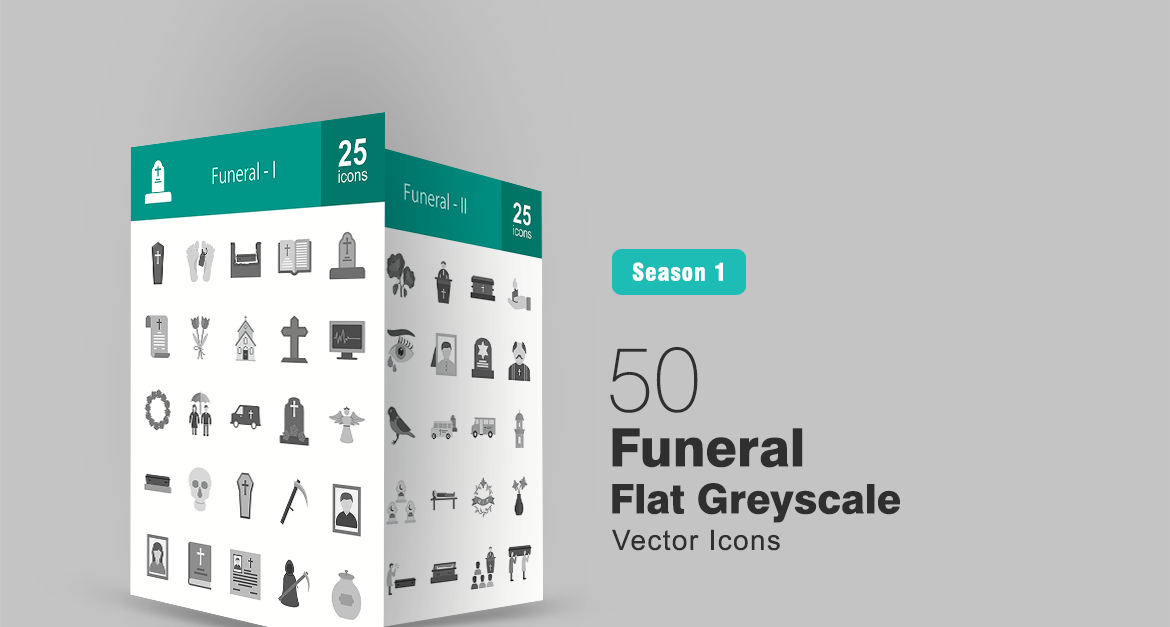 50 Funeral Flat Greyscale Icon Set #91005 - TemplateMonster