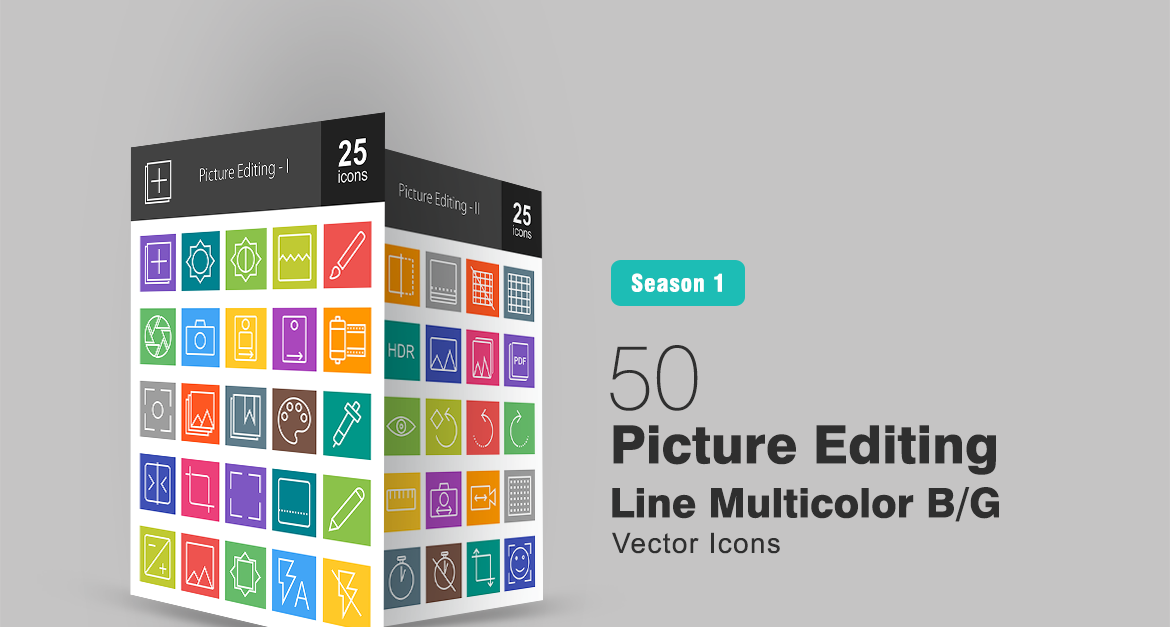 50 Picture Editing Line Multicolor B/G Icon Set