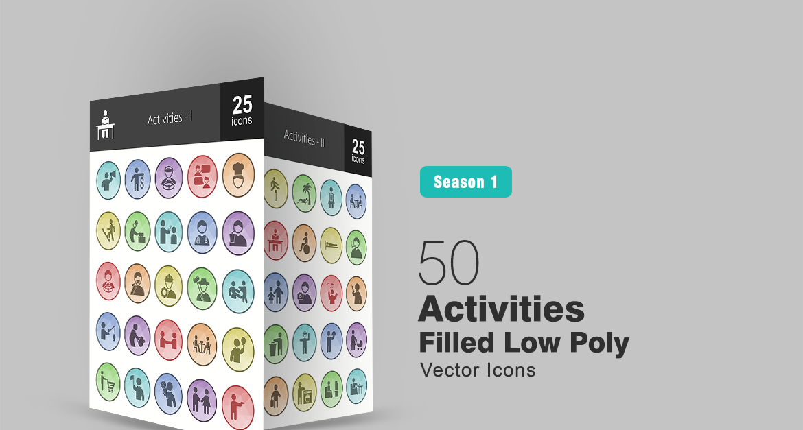 50 Activities Filled Low Poly Icon Set - TemplateMonster