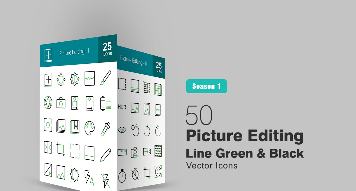 50 Picture Editing Line Green & Black Icon Set