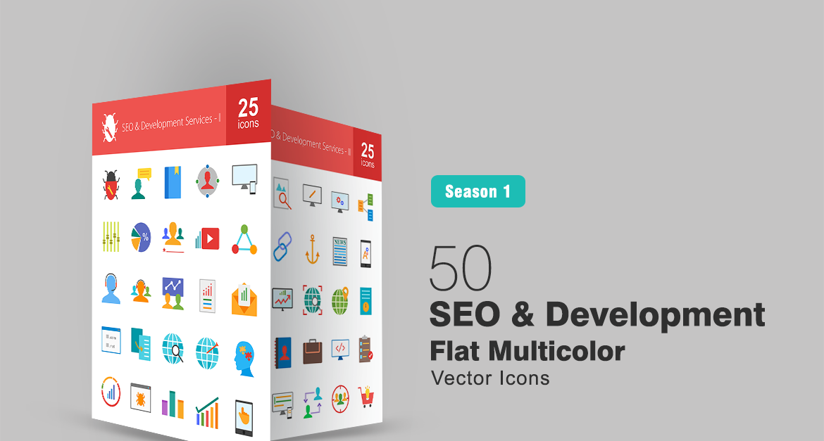 50 SEO & Development Flat Multicolor Icon Set