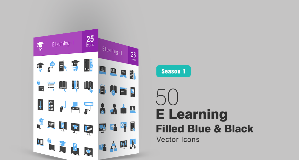 50 E Learning Filled Blue & Black Icon Set - TemplateMonster