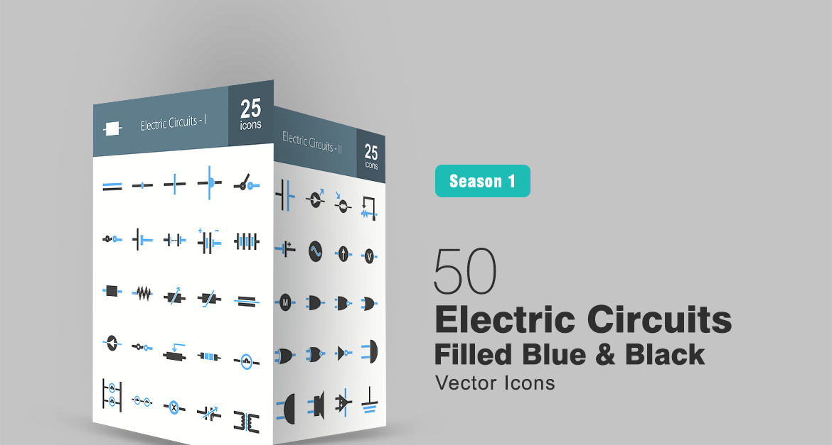50 Electric Circuits Filled Blue & Black Icon Set