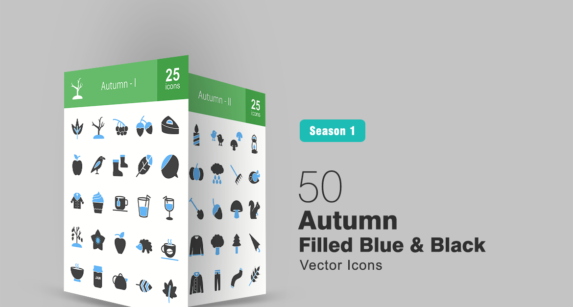 50 Autumn Filled Blue & Black Icon Set - TemplateMonster