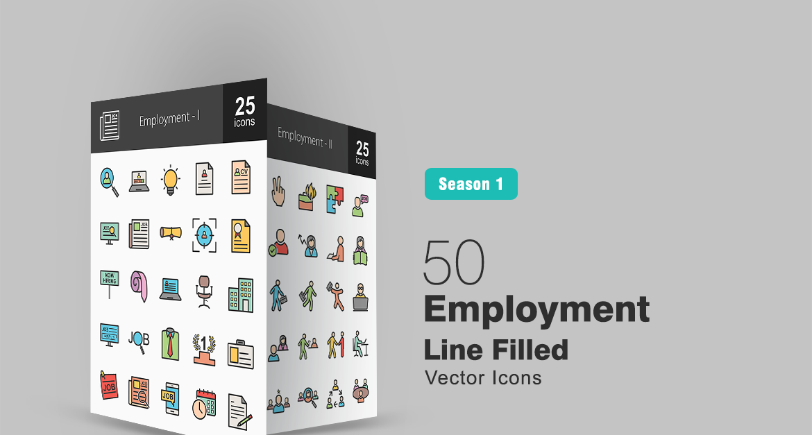 50 Employment Filled Line Icon Set #94486 - TemplateMonster