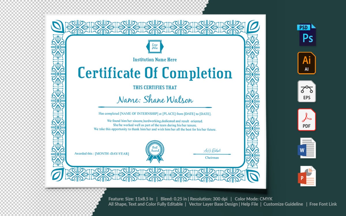 Blank Completion Certificate Design Template In Psd Word