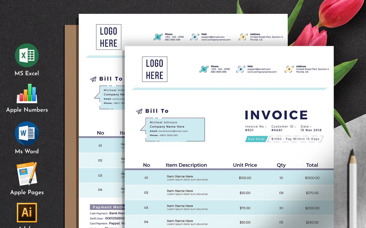 Современный шаблон предложения счета-фактуры с форматом номеров MS Word  Apple Pages Excel