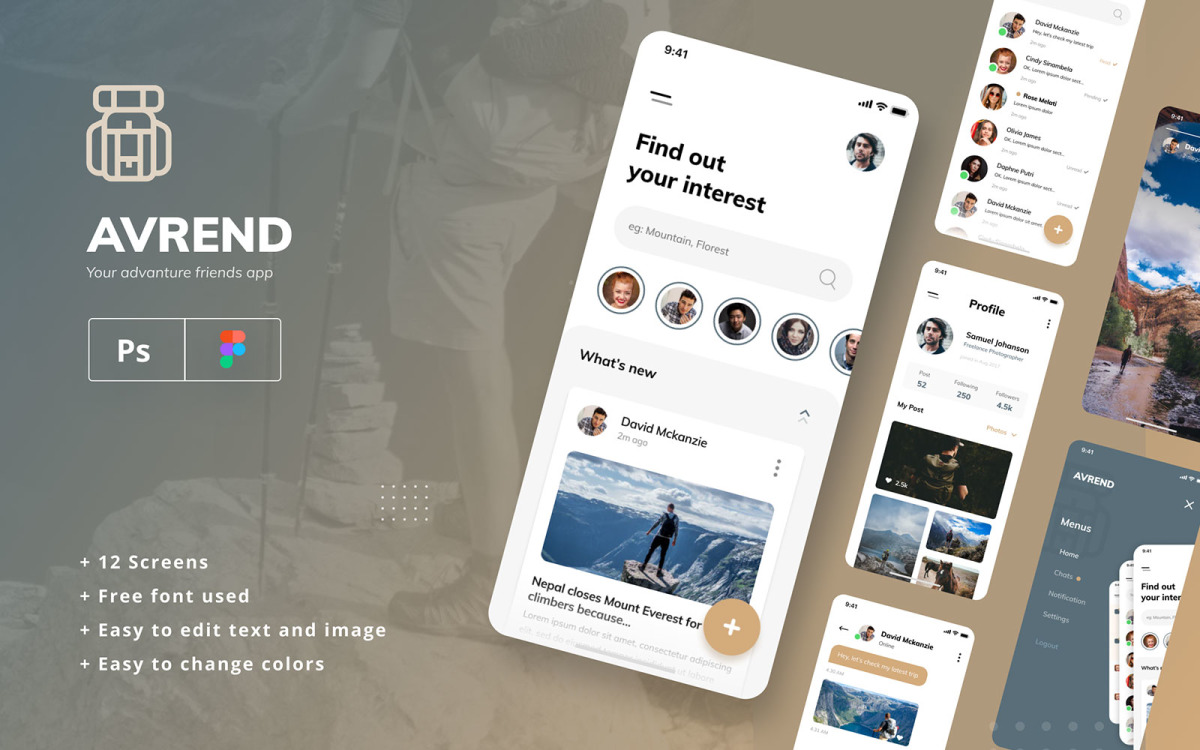 Шаблон пользовательского интерфейса социальной сети Avrend, Figma и PSD
