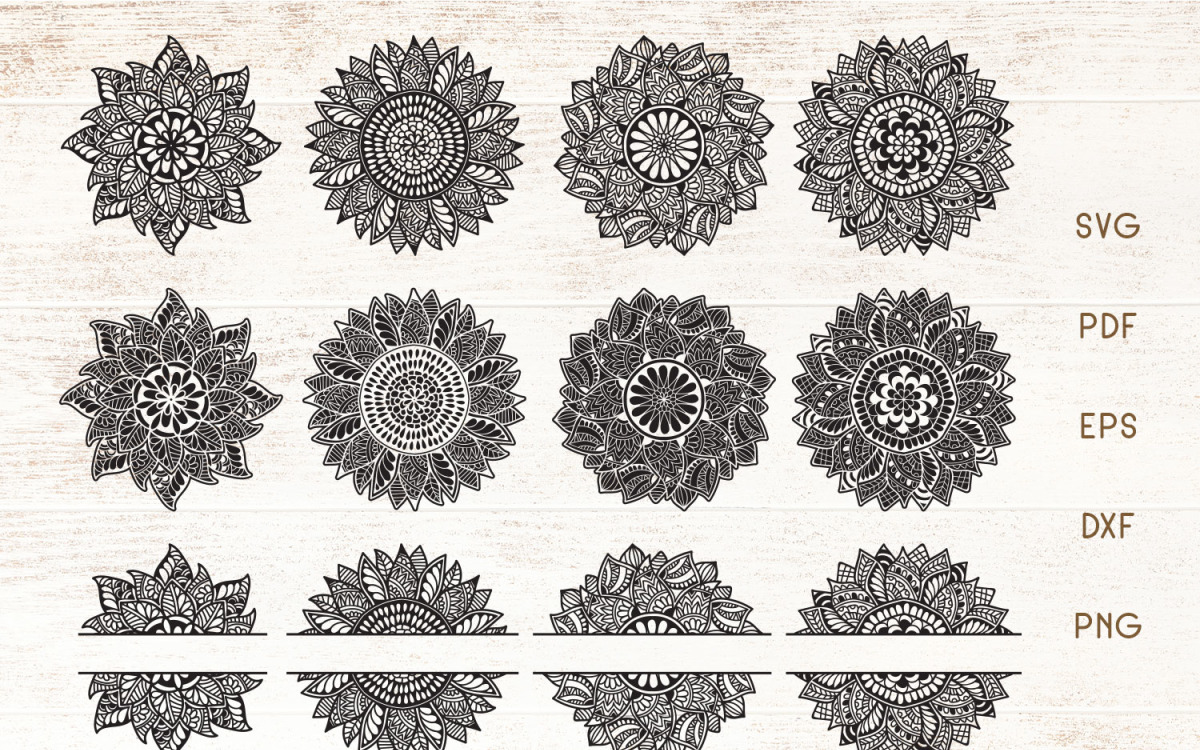 Girasol Mandala - Girasol Split Monograma SVG - Vector - Ilustración