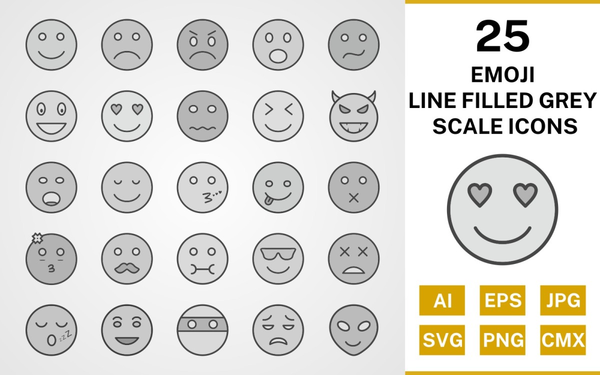 25 Emoji Line Filled Greyscale Icon Set - TemplateMonster