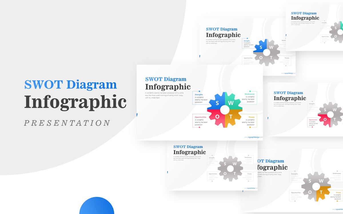 Четыре этапа Gear для SWOT-анализа Диаграмма Инфографический шаблон  PowerPoint
