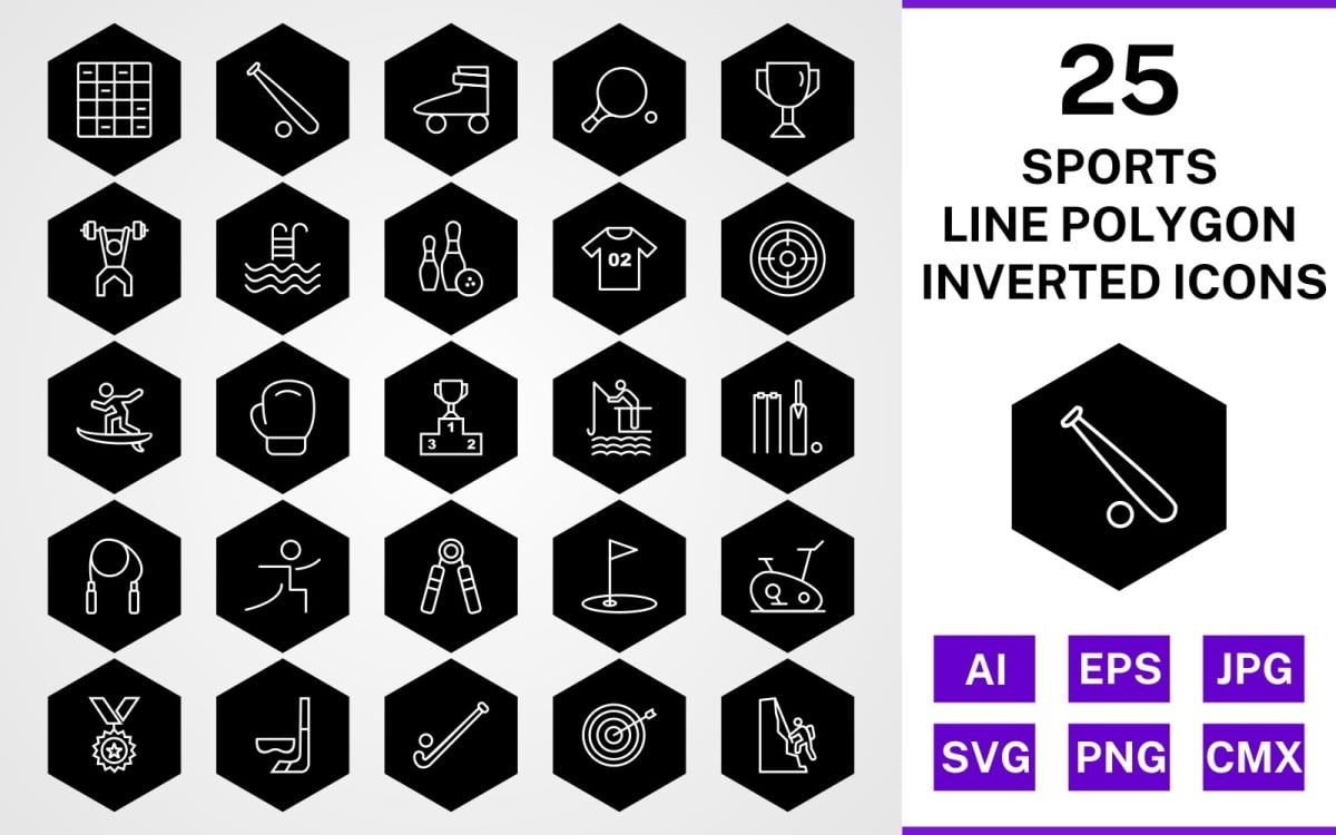 25 видов спорта и игр линейный перевернутый многоугольник набор иконок