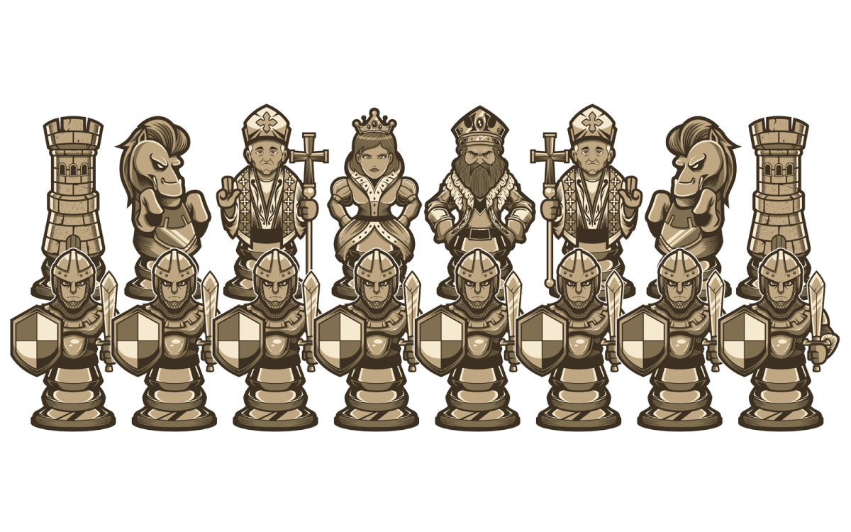 Desenho de desenhos animados do rei de xadrez branco refletindo no
