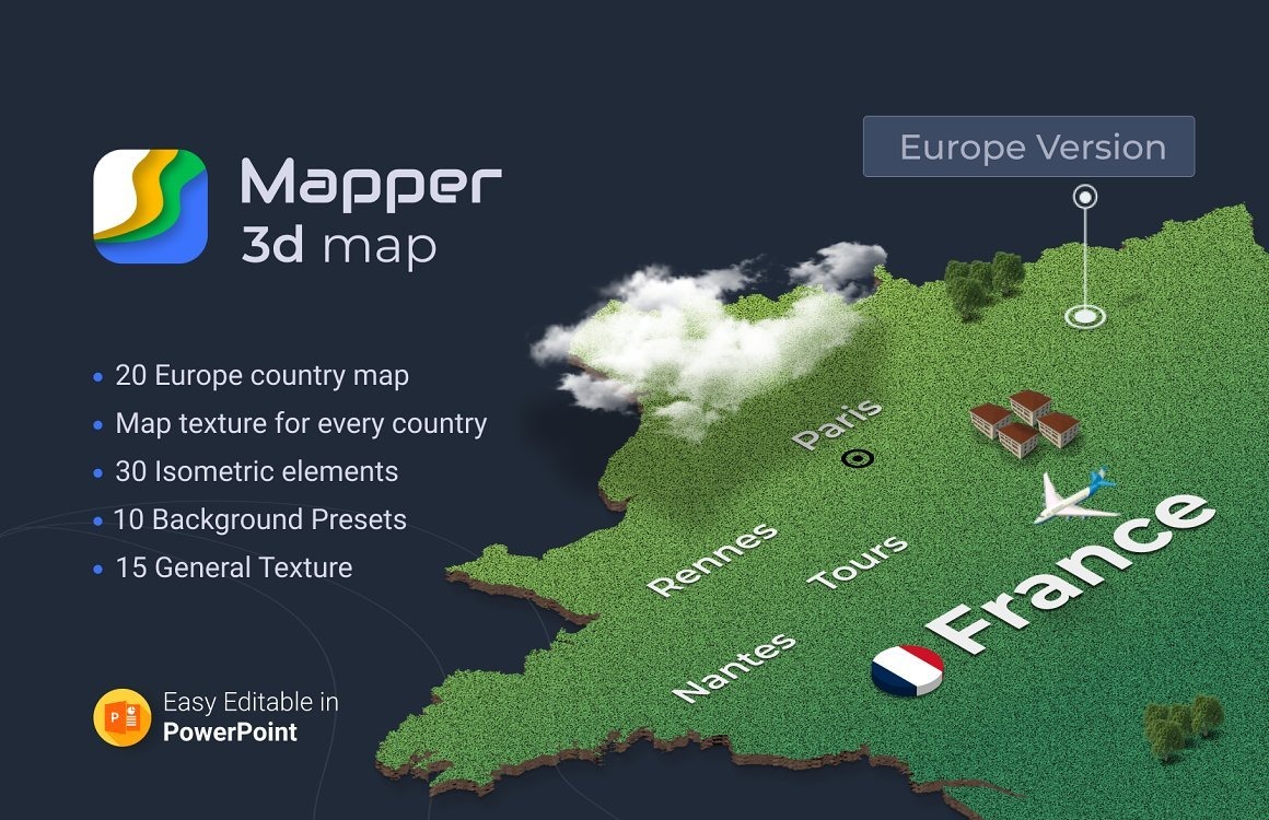 Mapper – 20 European Countries 3D Maps PowerPoint template