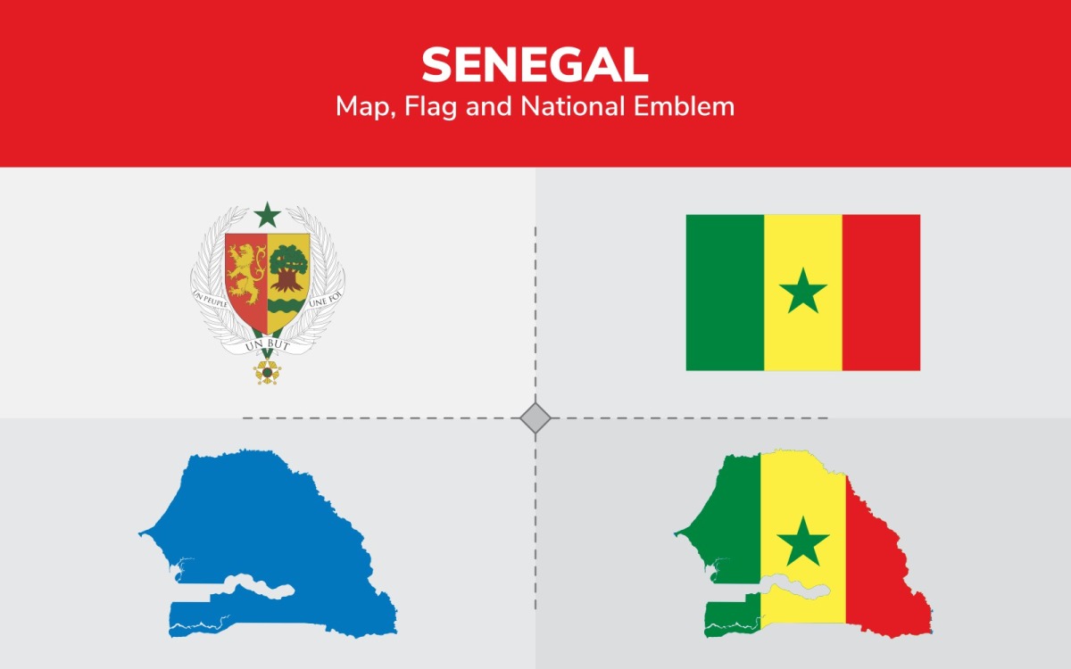 Mapa, bandeira e emblema nacional do Senegal - ilustração