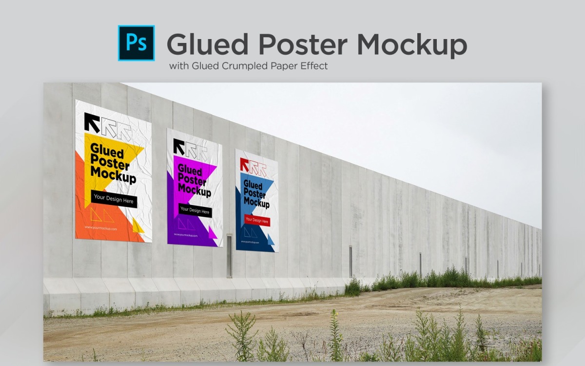 Download Poster Mockup With Three Glued Poster Crumpled Paper Effect Product Mockup