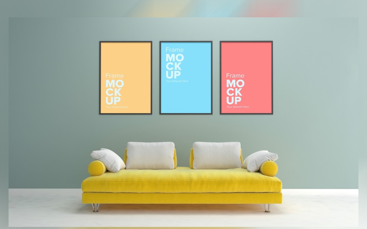 Download Yellow Luxury Sofa In Living Room With Three Frame Mockup Walls