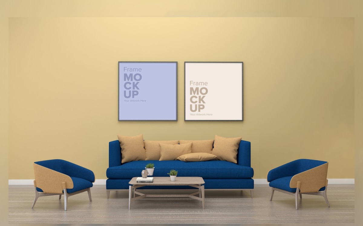 Cómodo sofá con cojines de colores en una habitación con marcos en una  maqueta de pared