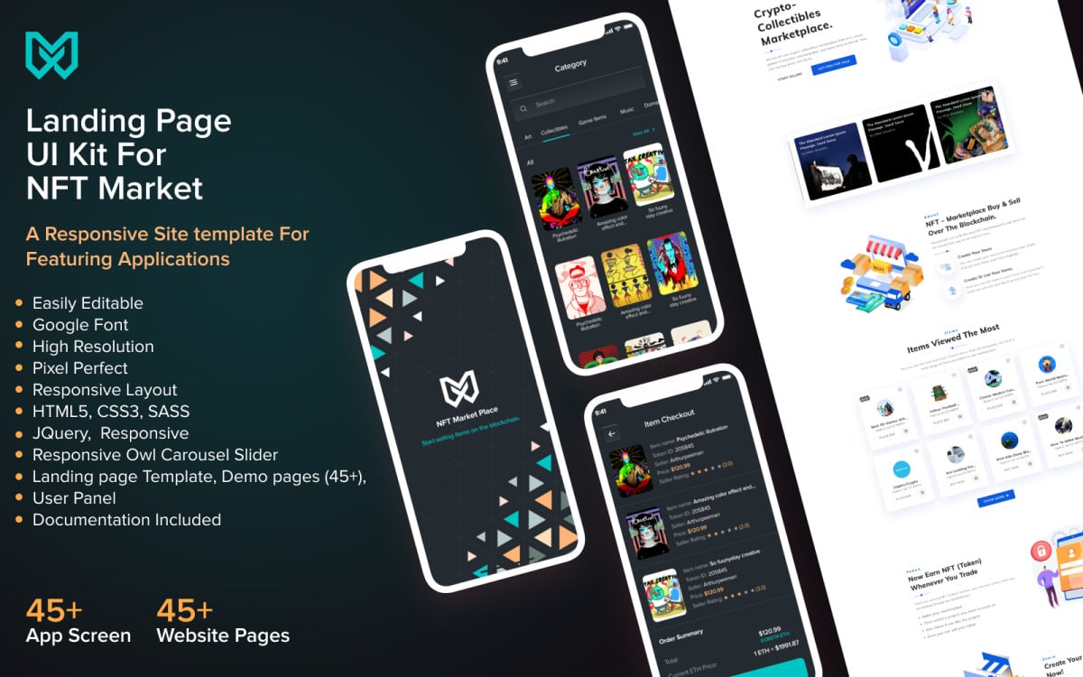 NFT Marketplace HTML5 Website Template and Mobile App Design