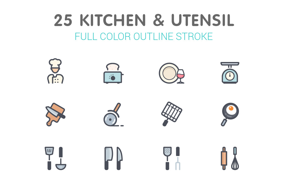 Conjunto de iconos de colores de instrumentos de cocina. utensilios y  electrodomésticos de cocina. Utensilios de