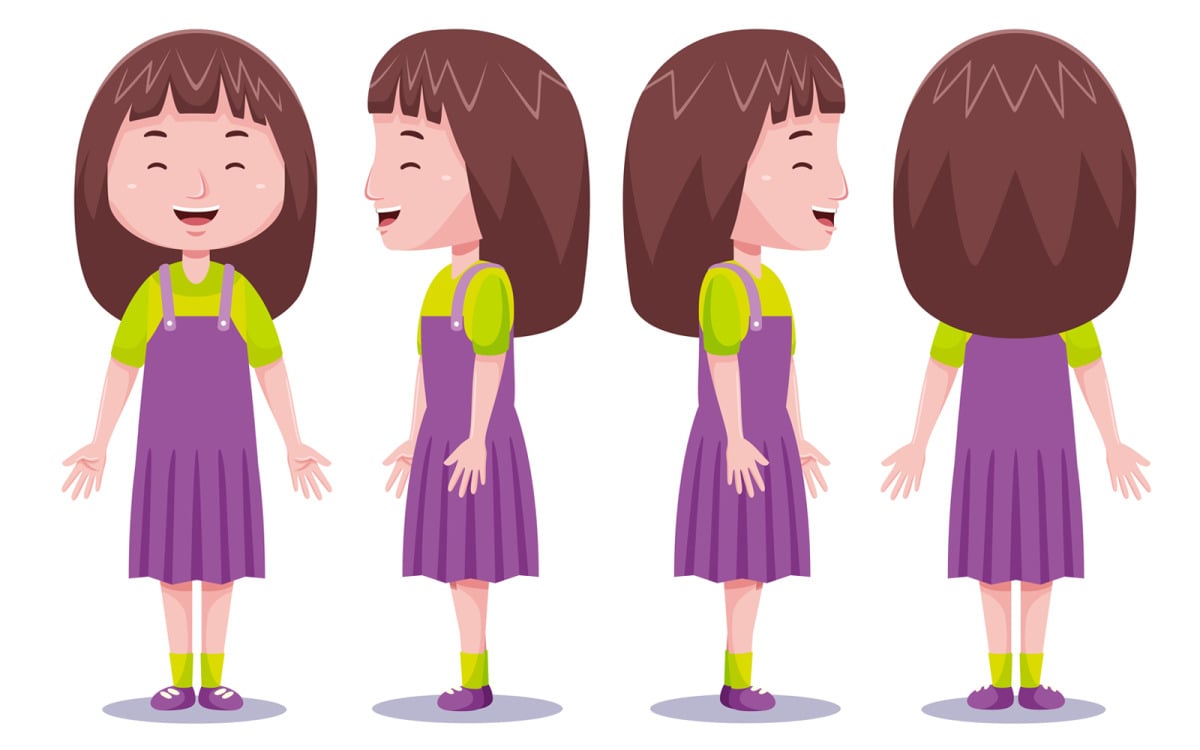 Character design set of a cute little black girl in different poses.  Cartoon style illustration, isolated on white background. Body gestures and  facial expressions. Vector illustration. Set 4 of 8. Stock Vector |