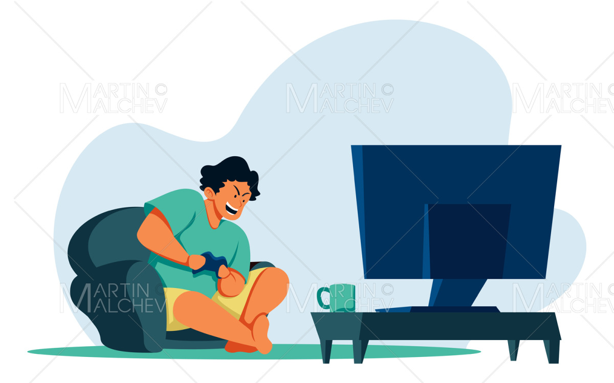 Playing Video Games Vector Illustration - TemplateMonster