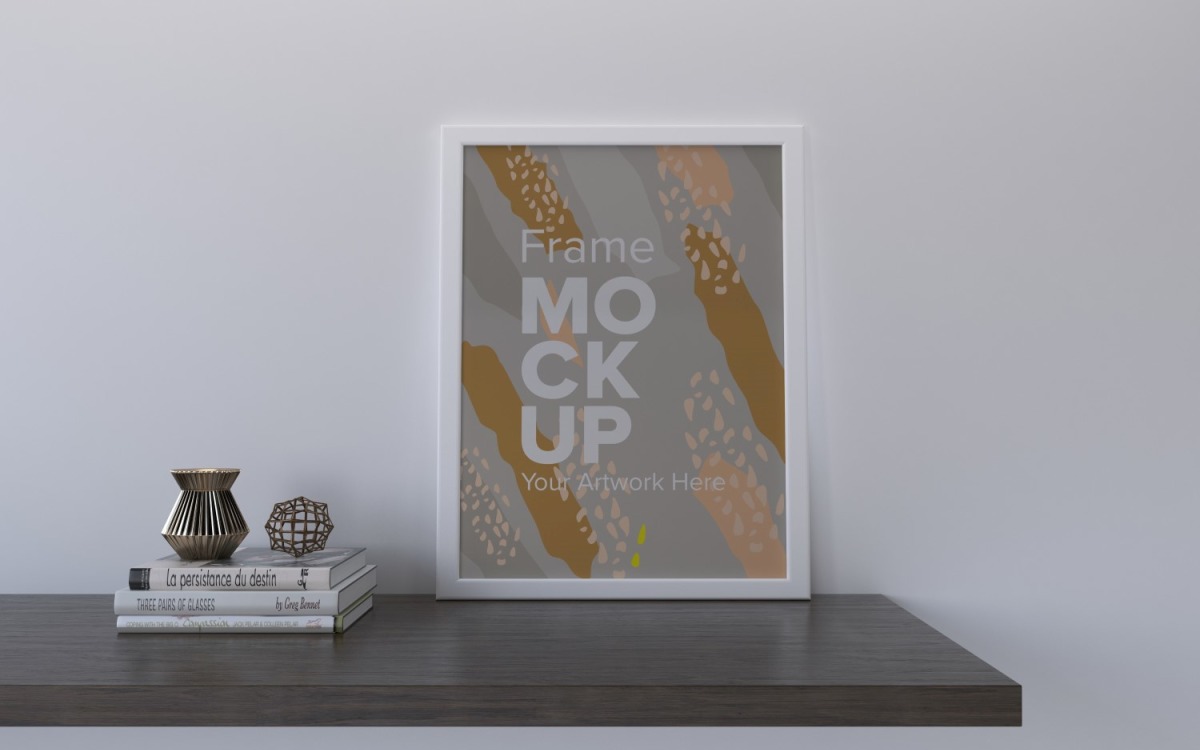 Download White Frame With Decorative Items On The Shelf Mockup Template