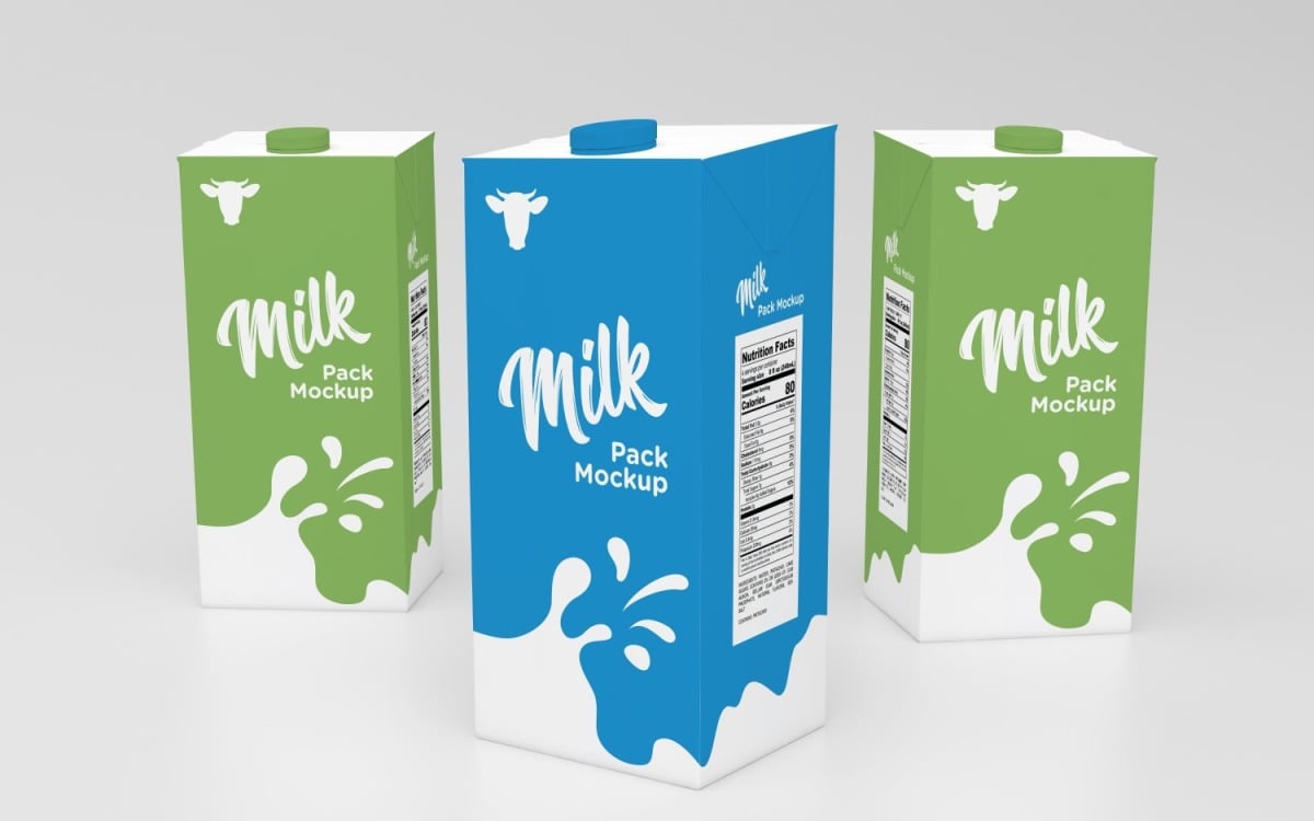 3d Three Milk Packaging One Liters Carton Mockup Template