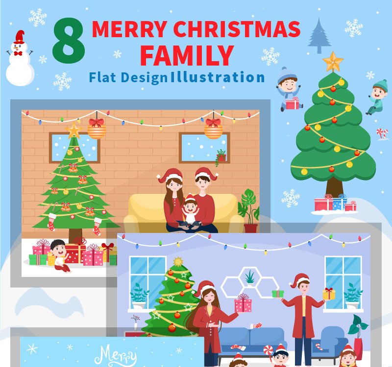 8 Merry Christmas With Family and Santa Background Vector