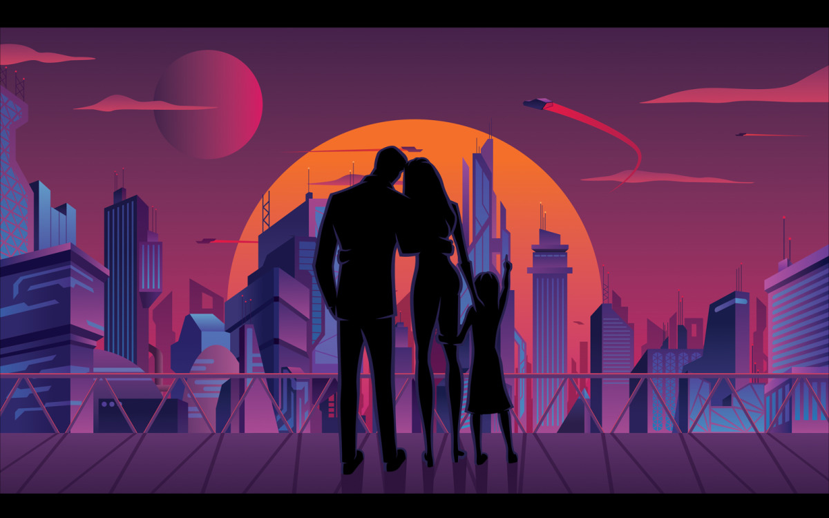 Famille dans l  illustration vectorielle de la ville futuriste