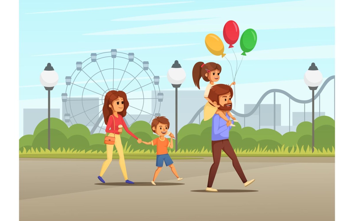 vacances en famille, dessin animé, 2, vecteur, illustration, concept, image size:1200x750