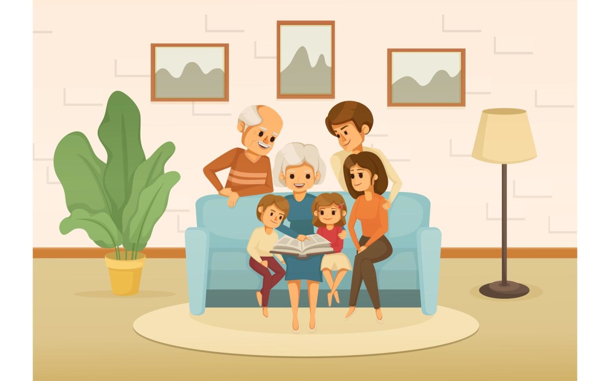 Vacances en famille, dessin animé, 3, vecteur, illustration, concept, image size:1200x750