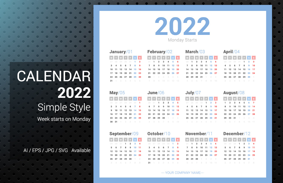 2022 Simple Calendar Monday Starts Planner - Templatemonster