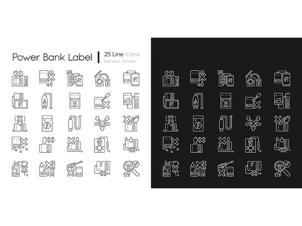 Icone dell'etichetta manuale lineare di utilizzo della banca di potere  impostate per la modalità scura e chiara