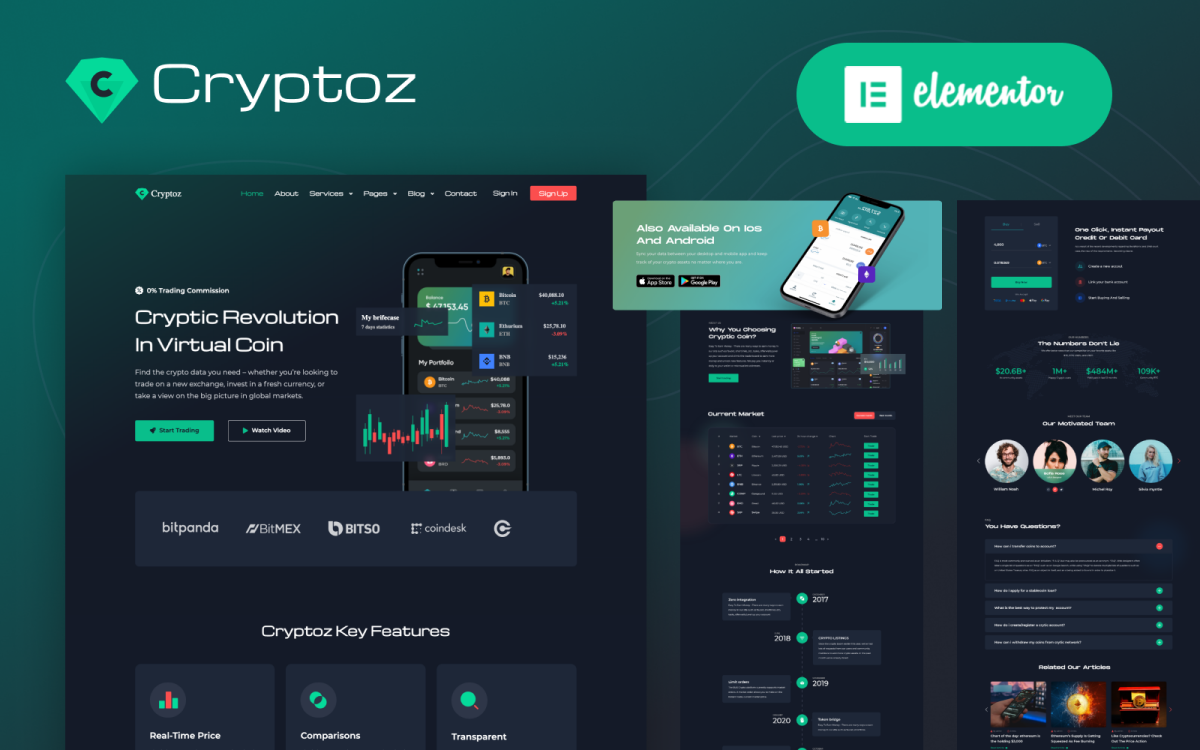Cryptoz - Kryptowährung Landing Page Elementor WordPress Theme