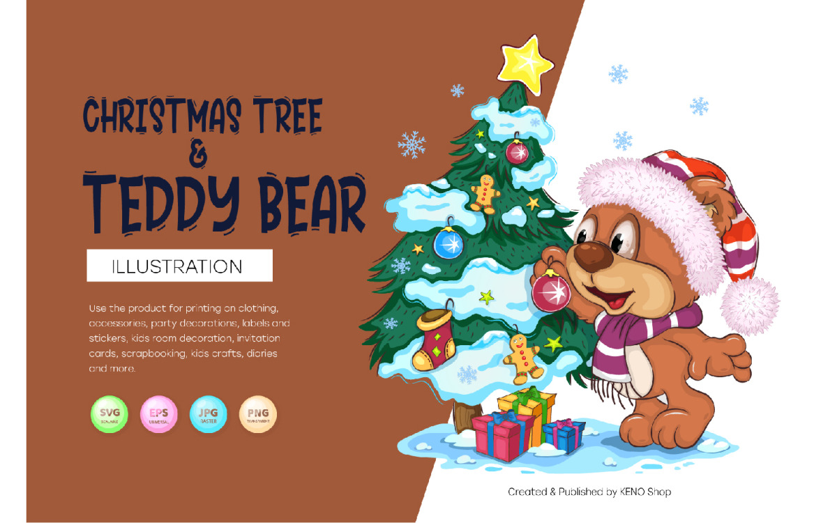 Dibujos animados de oso de peluche y árbol de Navidad.