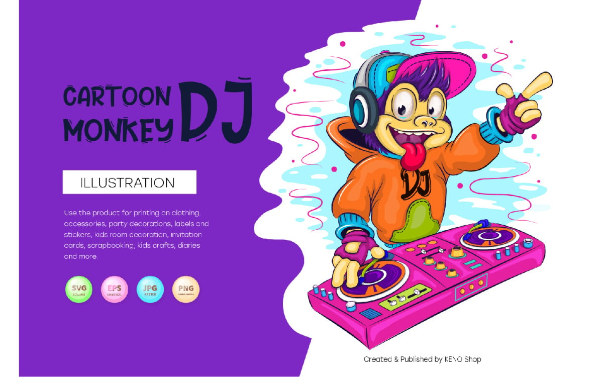 DJ macaco dos desenhos animados. Camiseta, Vetor, PNG.