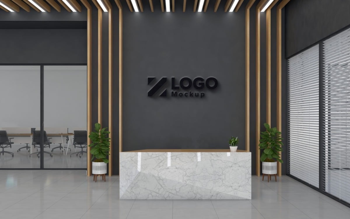 Office Reception with a Marble Disk and Marble Texture Wall Logo Mockup, image size:1200x750
