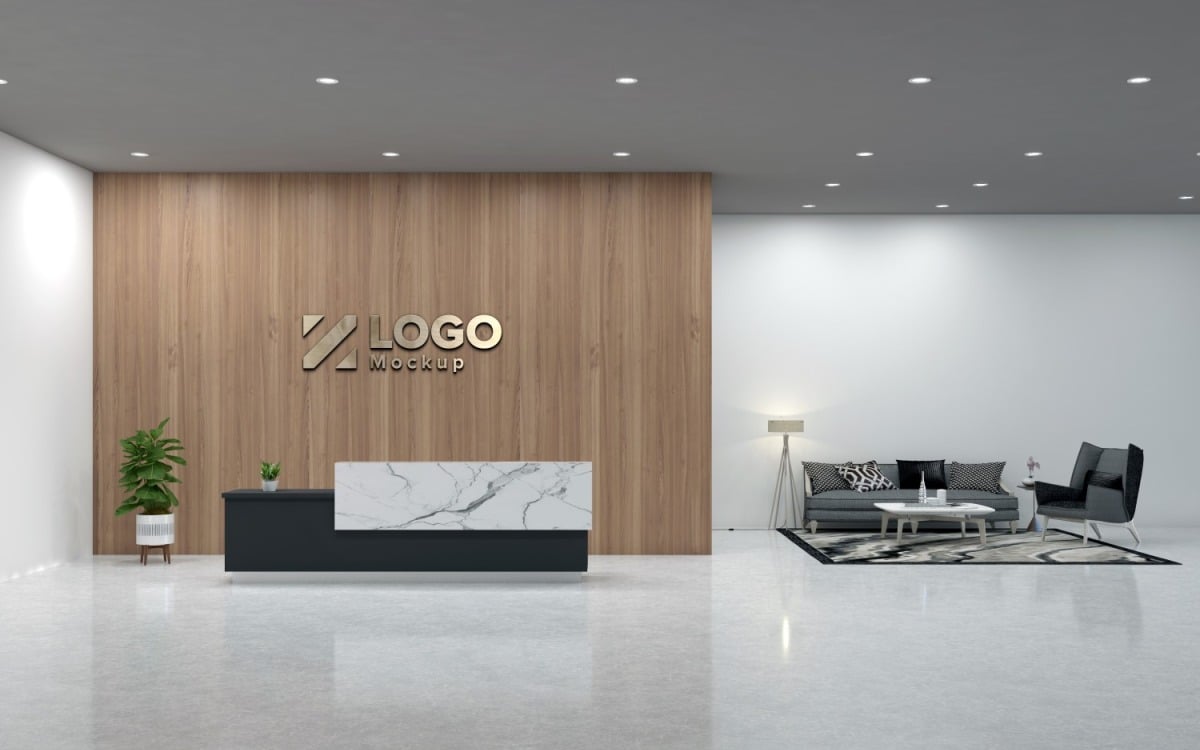 Reception Interior of a Office modern style with Wooden Wall Logo Mockup