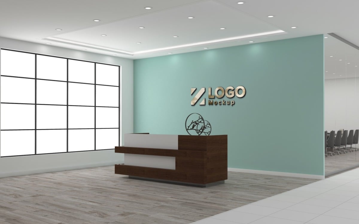 Office Reception counter with glass wall and Meeting Room Logo Mockup  Template