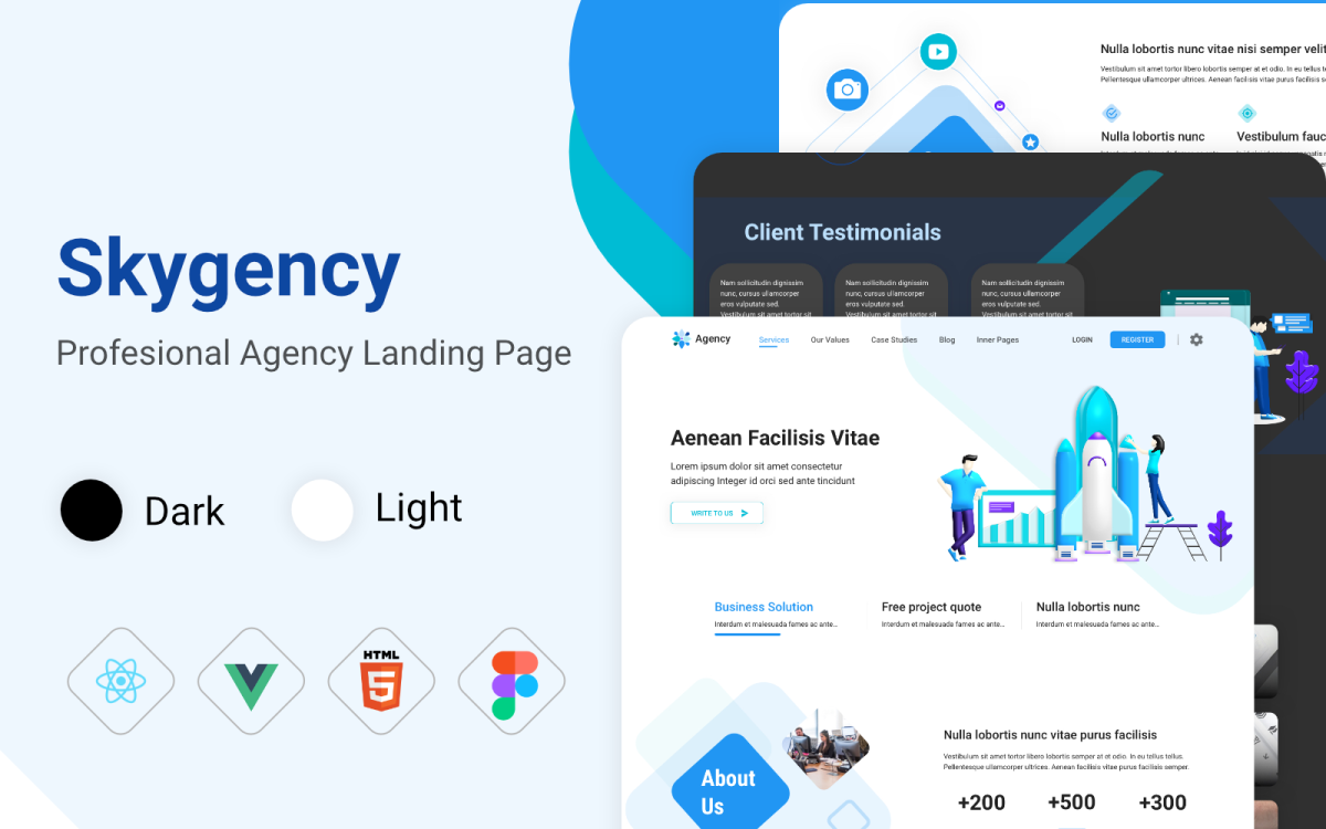 Skygency - React Vue HTML e Figma Agency Modelo de Landing Page Corporativa