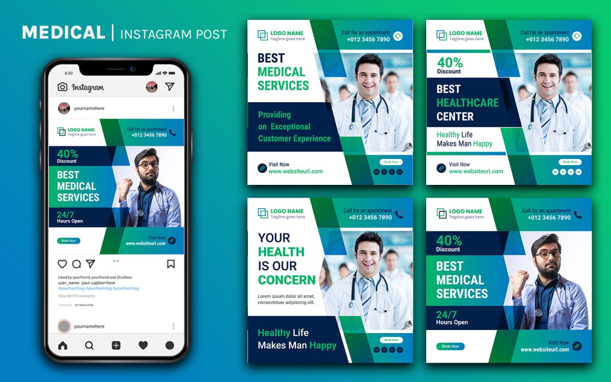Медицинский | Шаблон дизайна поста в социальных сетях «Доктор» | Пакет  оформления постов в Instagram