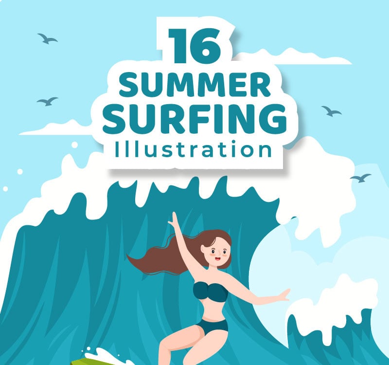 16 Ilustración de dibujos animados de deportes de surf de verano